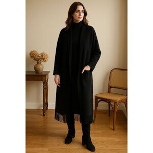 VTG 95 Side Effects  Wool Angora Long Cardigan Womens M Black Fringe Hem Witchy